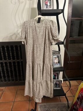 Cream Neutral Spot Tiered Midi Dress with Puff Sleeves